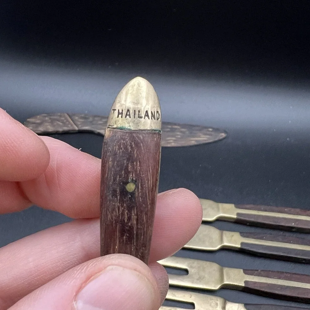 VTG Brass & Wood Demitasse Forks Knives & Spoon -‎ Lot of 10 - Thailand - Unique